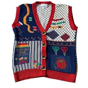 Vtg Sweater Loft New York USA Sewing Knitting Craft Design Navy Sweater Size M